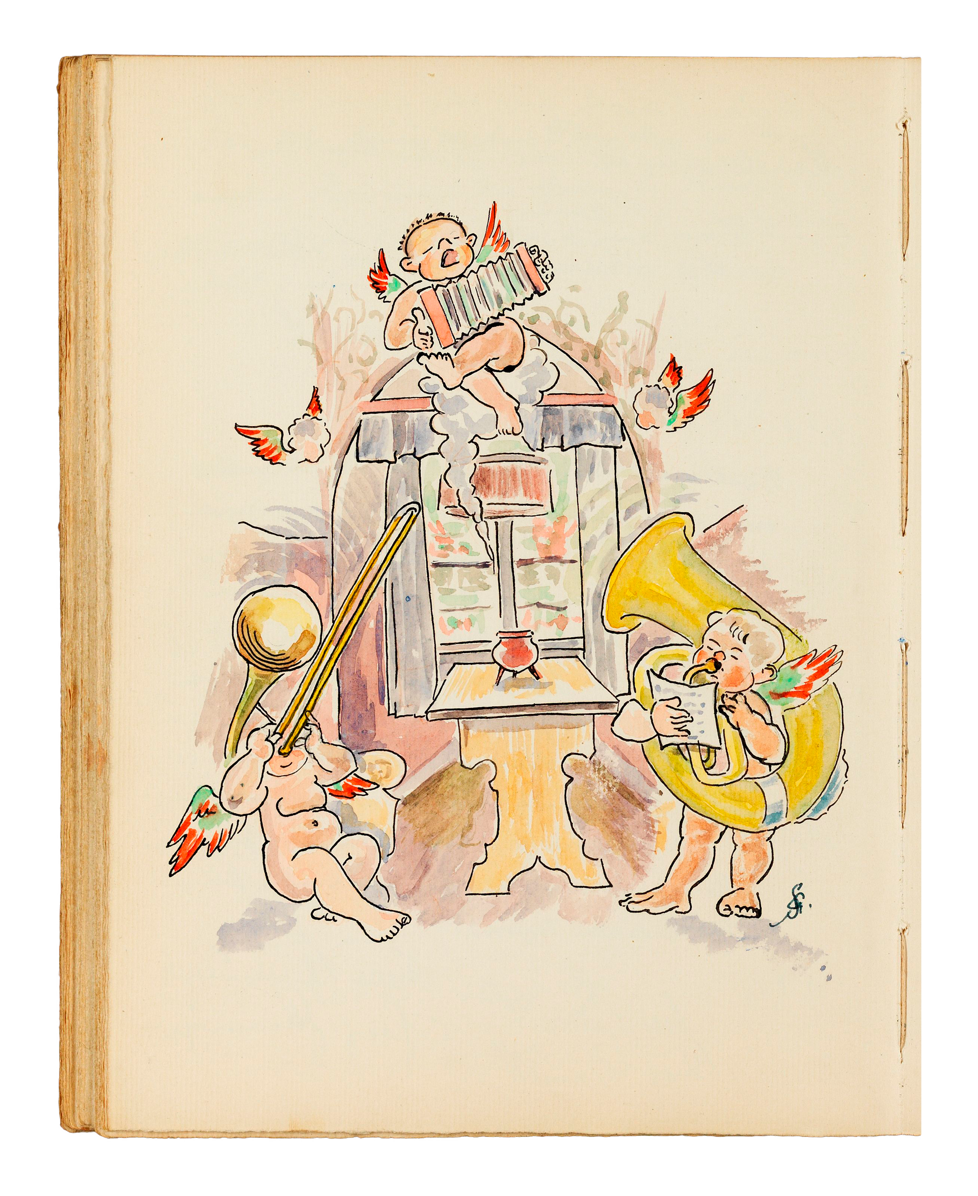 Illustration von Gustav Siegel zur Wiedereinweihung der „Zirpel-Diele“ im Wohnhaus Rück, 5. Dezember 1949 [als Doppelseite mit I,B-012a_0075 abbilden]