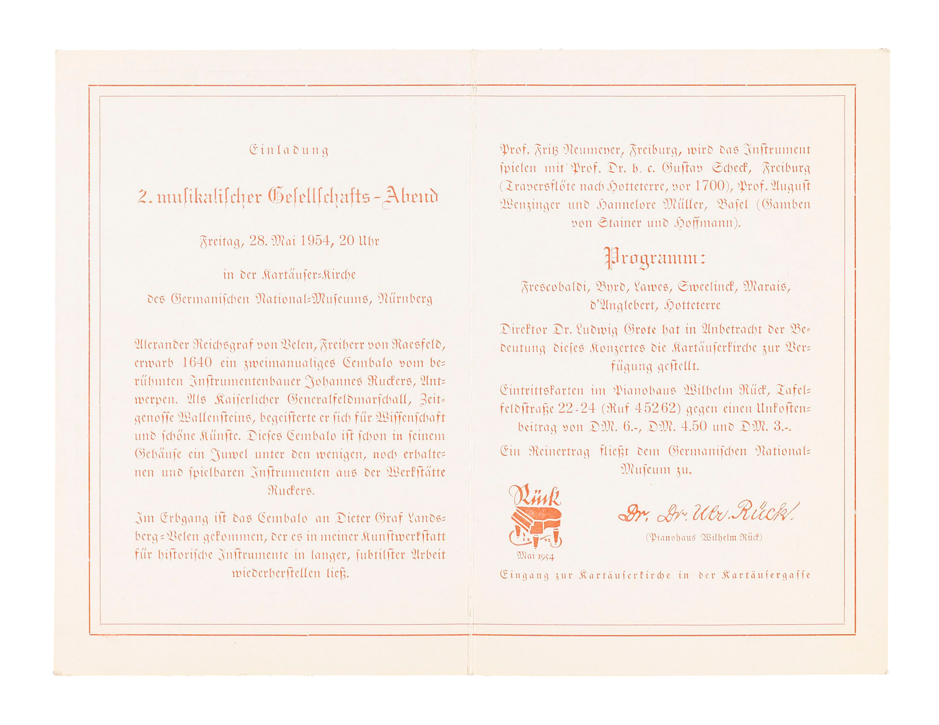 Einladung zum Konzert auf dem von Otto Marx restaurierten Ruckers-Cembalo, 1954