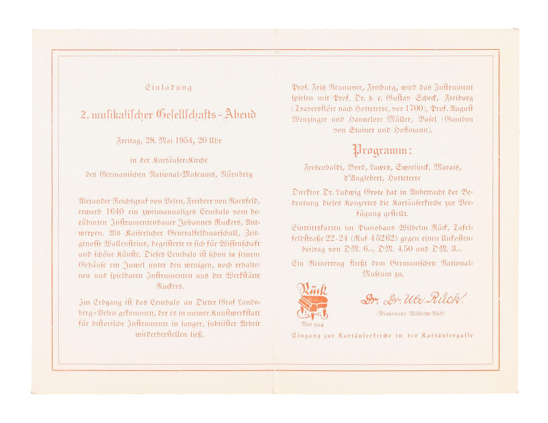 Einladung zum Konzert auf dem von Otto Marx restaurierten Ruckers-Cembalo, 1954